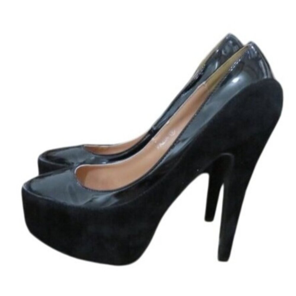 Apple Bottoms Pazia Black Suede & Patent Leather Platform Pumps Stiletto Heels 9